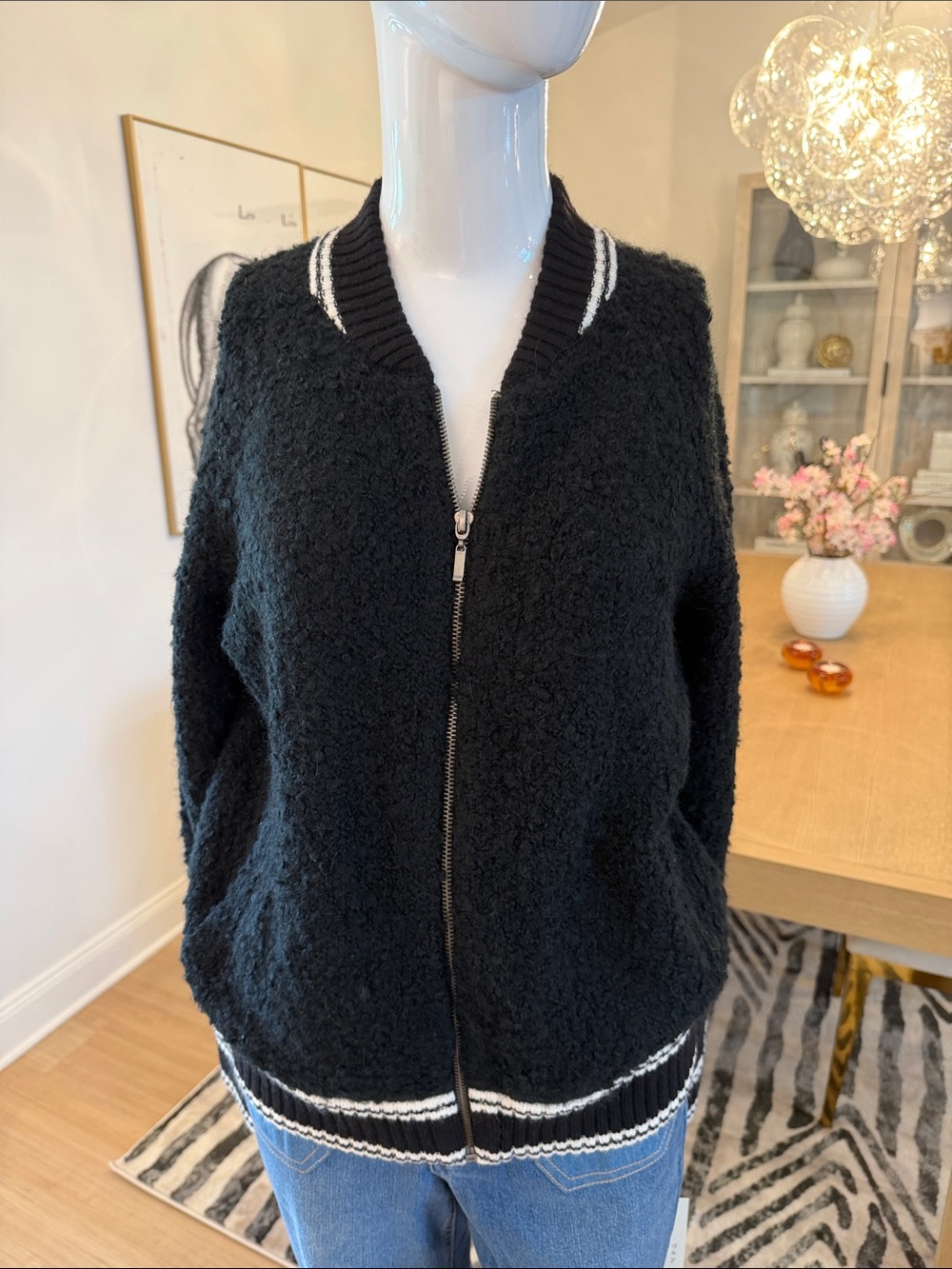a new day Black Textured Varsity Zip Jacket with White Stripes